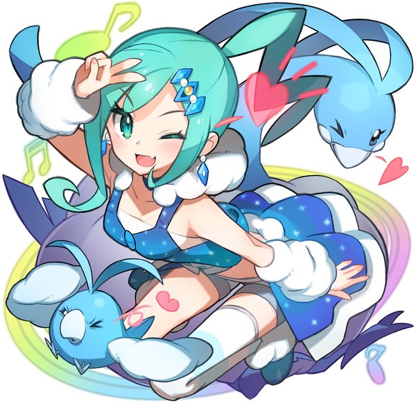 Anime picture 1025x1000 with pokemon pokemon (game) pokemon oras nintendo altaria swablu lisia (pokemon) saitou naoki single long hair looking at viewer blush open mouth white background ponytail one eye closed aqua eyes from above wink aqua hair