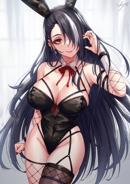 Anime picture 1000x1414 with original sakiyamama single long hair tall image looking at viewer fringe breasts light erotic black hair red eyes large breasts standing signed animal ears cleavage nail polish multicolored hair arm up fingernails