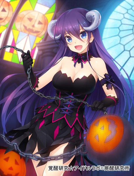 Anime picture 1340x1750 with original wacchi single long hair tall image looking at viewer open mouth blue eyes bare shoulders purple hair horn (horns) halloween girl dress gloves black gloves chain jack-o'-lantern