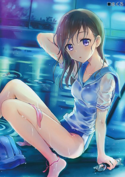 Anime picture 1058x1500 with sakuro single tall image looking at viewer fringe short hair open mouth brown hair sitting purple eyes bent knee (knees) indoors arm support bare legs short sleeves wet legs arm behind head wet clothes wet shirt