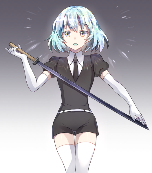 Anime-Bild 700x800 mit houseki no kuni diamond (houseki no kuni) caramell0501 single tall image looking at viewer short hair open mouth simple background holding silver hair zettai ryouiki puffy sleeves gradient background silver eyes shiny androgynous thighhighs gloves uniform