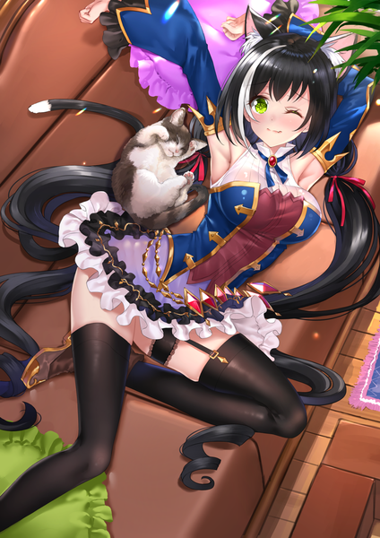 Anime picture 1187x1680 with princess connect! re:dive princess connect! karyl (princess connect!) swordsouls single long hair tall image looking at viewer blush fringe breasts black hair twintails green eyes animal ears indoors tail lying animal tail one eye closed