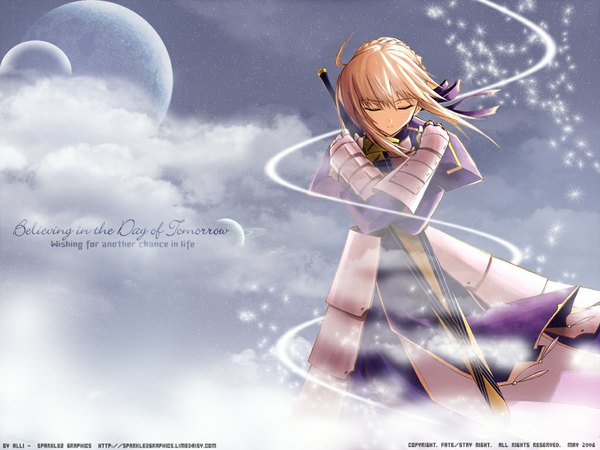 Anime picture 1024x768 with fate (series) fate/stay night studio deen type-moon artoria pendragon (all) saber shingo (missing link) single short hair blonde hair cloud (clouds) eyes closed third-party edit girl ribbon (ribbons) weapon hair ribbon sword armor moon