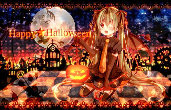 Anime picture 1437x924 with vocaloid hatsune miku satou (una-vittima) single long hair blush open mouth red eyes twintails one eye closed green hair wink halloween happy halloween girl thighhighs dress gloves ribbon (ribbons) black thighhighs