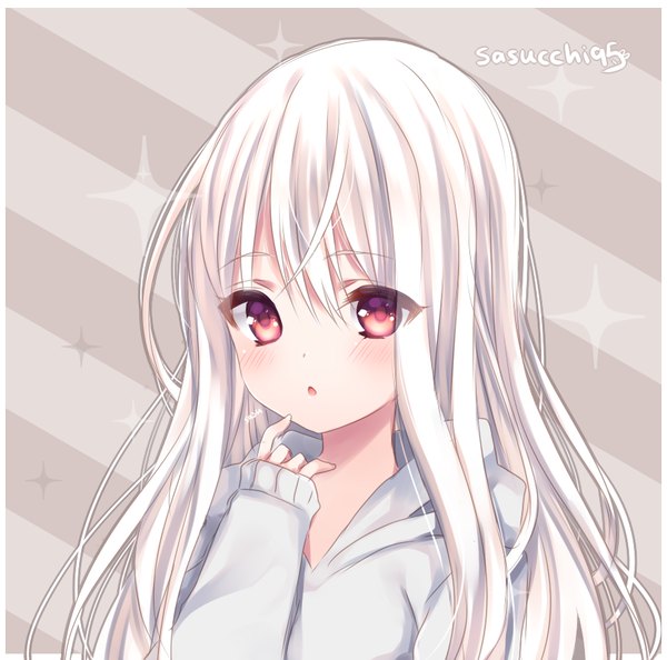 Anime picture 861x853 with original sasucchi95 single long hair looking at viewer blush fringe open mouth hair between eyes red eyes signed upper body white hair long sleeves :o border finger to mouth cute striped background girl