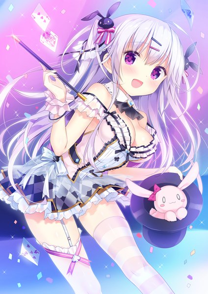 Anime picture 1500x2122 with original kimishima ao single long hair tall image looking at viewer blush breasts open mouth light erotic large breasts purple eyes bare shoulders silver hair :d sparkle two side up zettai ryouiki frilly skirt different thighhighs