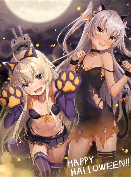 Anime picture 1335x1800 with kantai collection shimakaze destroyer rensouhou-chan amatsukaze destroyer takanashi kei (hitsujikan) long hair tall image looking at viewer blush fringe open mouth blue eyes light erotic blonde hair hair between eyes standing bare shoulders multiple girls animal ears yellow eyes