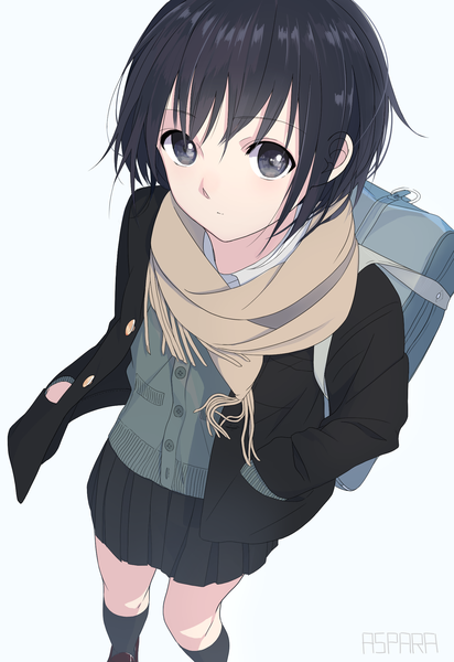 Anime picture 1430x2082 with original aspara single tall image looking at viewer short hair black hair simple background signed from above black eyes blue background hands in pockets girl uniform school uniform socks scarf black socks school bag