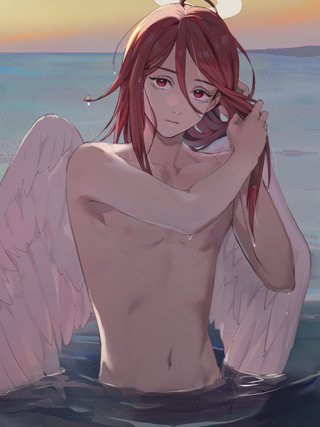 Anime picture 768x1024 with chainsaw man mappa angel devil (chainsaw man) ikanyoikanikan single long hair tall image looking at viewer fringe light erotic hair between eyes red eyes upper body red hair wet partially submerged horizon angel wings white wings androgynous