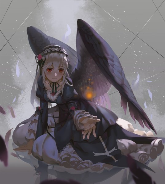 Anime picture 1200x1340 with rozen maiden suigintou sawana single long hair tall image blush red eyes sitting looking away silver hair grey background outstretched arm black wings lolita fashion goth-loli girl wings feather (feathers) lolita hairband