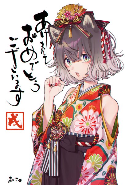 Anime picture 2430x3580 with original aiko (aiko 54) single tall image fringe highres short hair open mouth simple background hair between eyes white background bare shoulders animal ears nail polish traditional clothes japanese clothes grey hair inscription :o new year