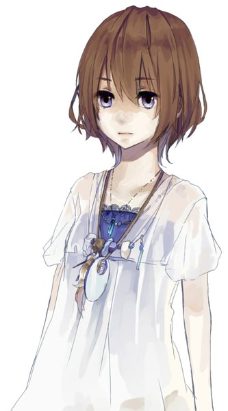 Anime picture 1000x1800 with original shutane single tall image short hair simple background brown hair standing white background purple eyes looking away girl dress white dress pendant