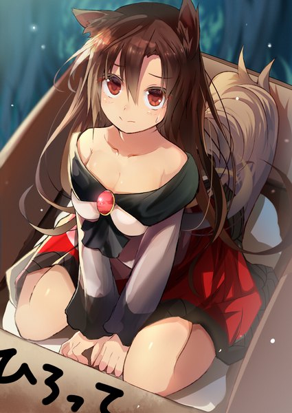 Anime picture 700x987 with touhou imaizumi kagerou efe single long hair tall image looking at viewer blush fringe breasts light erotic hair between eyes brown hair large breasts sitting bare shoulders brown eyes animal ears cleavage bent knee (knees)