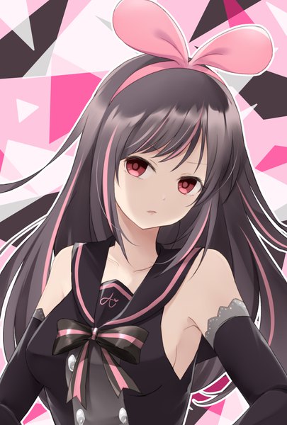 Anime picture 1378x2039 with virtual youtuber a.i. channel kizuna ai ririka (ab-yuri) single long hair tall image looking at viewer fringe breasts open mouth black hair simple background red eyes standing bare shoulders payot upper body multicolored hair two-tone hair