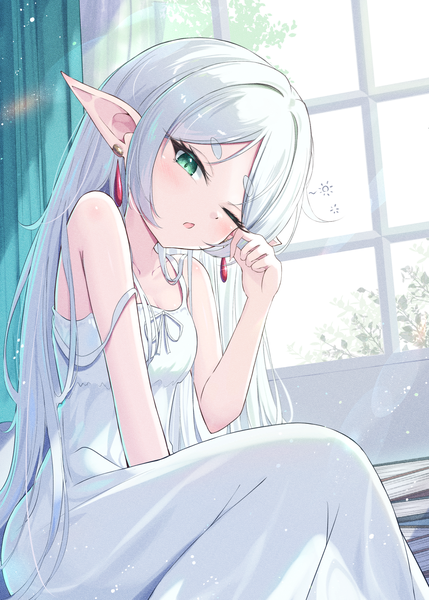 Anime picture 1296x1812 with sousou no frieren frieren mikaze oto single long hair tall image looking at viewer sitting green eyes silver hair indoors pointy ears eyebrows strap slip elf sleepy girl dress earrings window