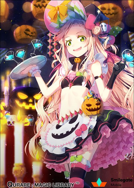 Anime picture 640x896 with qurare: magic library hakusai (tiahszld) single long hair tall image looking at viewer blush open mouth blonde hair smile standing holding green eyes payot teeth fang (fangs) copyright name halloween eyeshadow frilly skirt