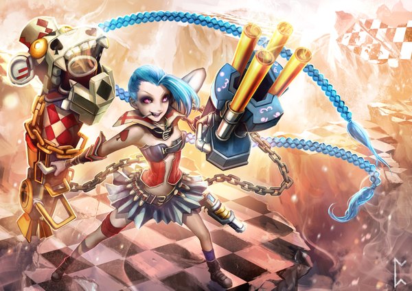 Anime picture 4500x3181 with league of legends jinx (league of legends) gevurah-studios (artist) single looking at viewer fringe highres smile purple eyes blue hair absurdres braid (braids) very long hair tattoo twin braids checkered floor girl skirt weapon food