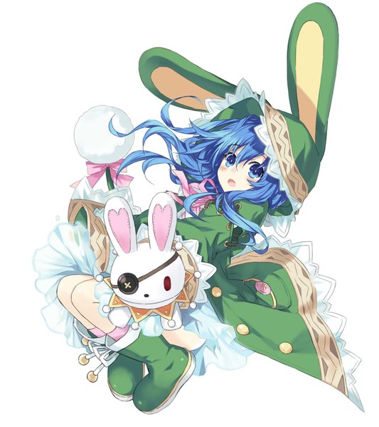 Anime picture 1600x1800 with date a live yoshino (date a live) yoshinon single long hair tall image blush open mouth blue eyes simple background white background animal ears blue hair loli bunny ears girl dress socks boots bunny