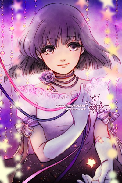 Anime picture 540x810 with bishoujo senshi sailor moon toei animation tomoe hotaru zelda c. wang single tall image looking at viewer fringe short hair purple eyes holding signed purple hair upper body light smile sparkle short sleeves depth of field outstretched hand girl