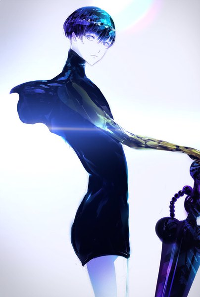 Anime picture 1246x1848 with houseki no kuni phosphophyllite phosphophyllite (ll) yonaguni sun single tall image looking at viewer fringe short hair simple background hair between eyes standing blue hair heterochromia androgynous spoilers weapon sword
