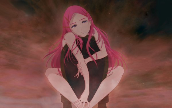 Anime picture 1920x1200 with eureka seven studio bones anemone afwells chiho saito single long hair looking at viewer highres light erotic wide image purple eyes pink hair sky nude tears third-party edit eyes extended detexted