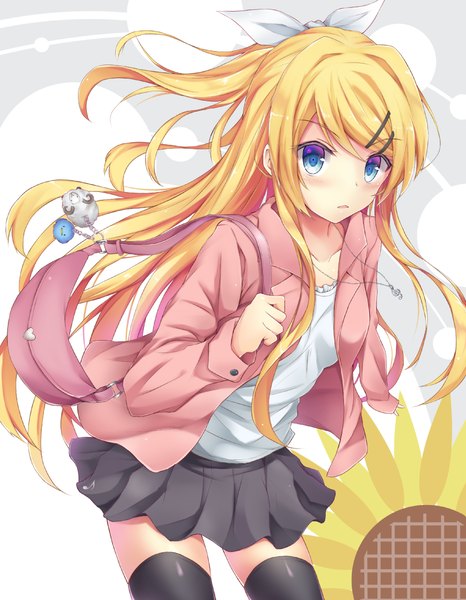 Anime picture 890x1144 with vocaloid kagamine rin tf (tfx2) single long hair tall image looking at viewer blush blue eyes blonde hair half updo future style (module) girl thighhighs skirt flower (flowers) bow black thighhighs hair bow miniskirt