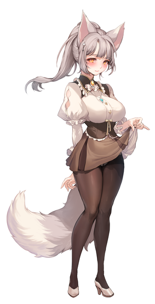 Anime picture 2300x4500 with original zerocat single long hair tall image looking at viewer blush fringe highres breasts light erotic simple background large breasts white background animal ears yellow eyes ponytail tail blunt bangs animal tail