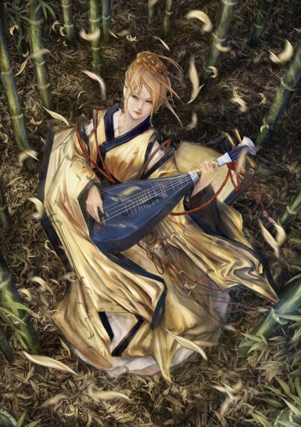 Anime picture 2000x2829 with original liu (pixiv) single tall image highres blonde hair looking up girl plant (plants) musical instrument bamboo pipa (instrument)