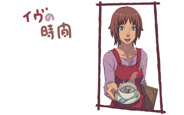 Anime picture 1680x1050 with eve no jikan nagi (eve no jikan) single short hair open mouth brown hair wide image green eyes girl earrings apron tray coffee