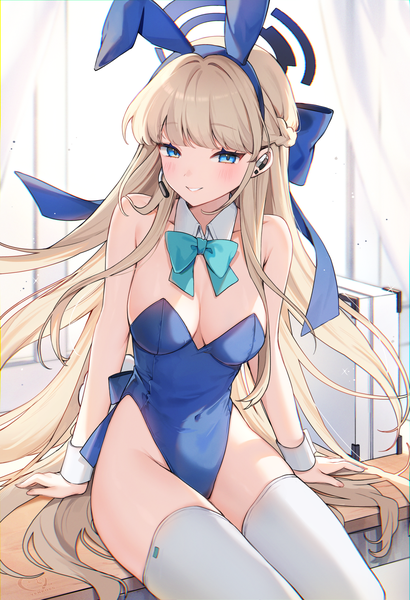 Anime picture 1215x1778 with blue archive toki (blue archive) toki (bunny) (blue archive) yenkoes single long hair tall image looking at viewer blush fringe breasts blue eyes light erotic blonde hair large breasts sitting bare shoulders animal ears blunt bangs braid (braids)