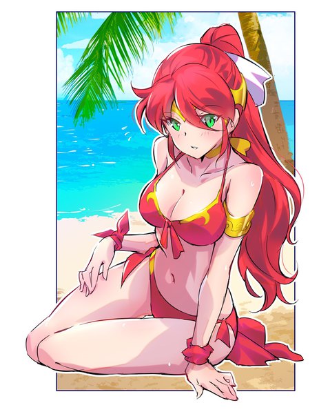 Anime picture 1110x1440 with rwby rooster teeth pyrrha nikos iesupa single long hair tall image looking at viewer breasts light erotic large breasts green eyes ponytail red hair parted lips beach border outside border sand front-tie top