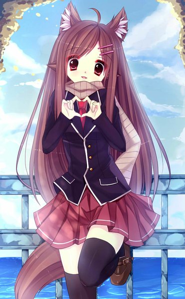 Anime picture 700x1131 with original bai kongque (shirokujaku) single long hair tall image looking at viewer open mouth red eyes brown hair animal ears sky cloud (clouds) tail animal tail pleated skirt teeth fang (fangs) fox ears fox tail fox girl