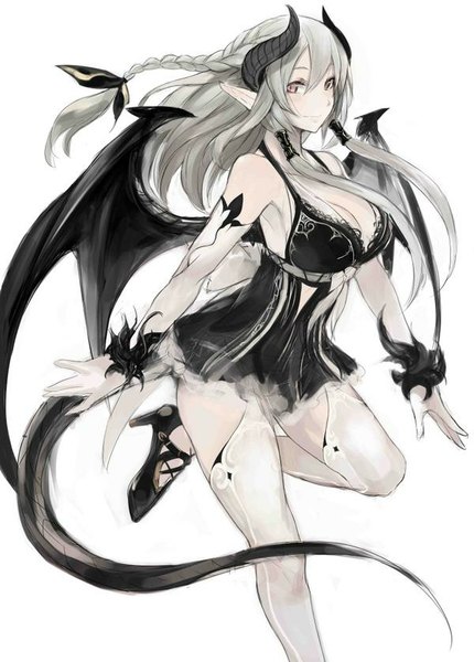 Anime picture 600x837 with original ricci single long hair tall image breasts light erotic simple background smile large breasts standing white background twintails bent knee (knees) tail braid (braids) pink eyes horn (horns) pointy ears grey hair