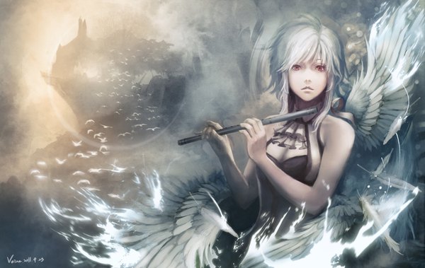 Anime picture 1500x948 with original veine short hair red eyes white hair grey hair fantasy girl animal wings bird (birds) feather (feathers) musical instrument neckerchief flute