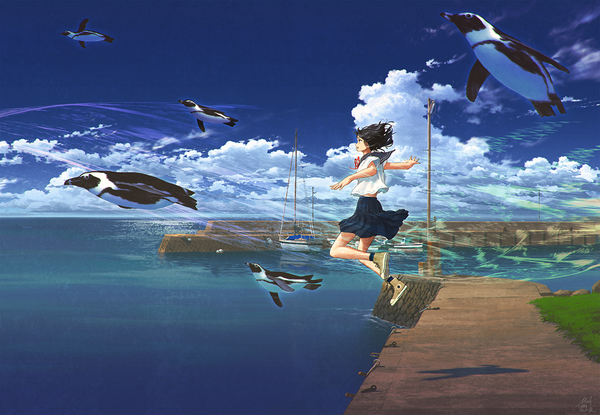 Anime picture 1200x830 with original mocha (cotton) single short hair open mouth black hair signed looking away sky cloud (clouds) full body outdoors black eyes shadow short sleeves spread arms horizon flying fantasy jumping