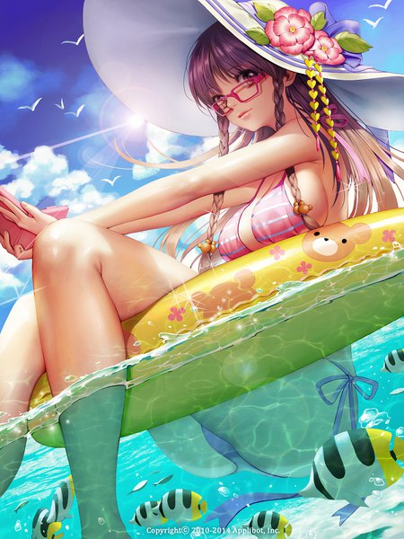 Anime picture 1500x2000 with furyou michi ~gang road~ araki keika soo kyung oh single long hair tall image looking at viewer fringe breasts light erotic sitting bare shoulders holding brown eyes sky purple hair cloud (clouds) bent knee (knees) outdoors ass