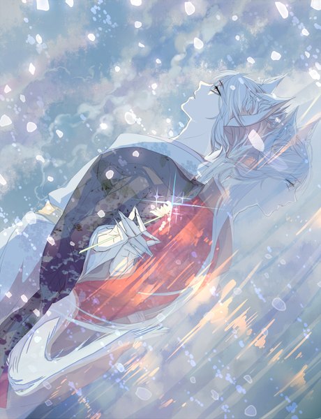 Аниме картинка 1500x1953 с очень приятно, бог tomoe (kamisama hajimemashita) sujikura длинные волосы высокое изображение короткие волосы жёлтые глаза небо облако (облака) лёжа традиционная одежда японская одежда профиль ногти лисьи ушки слёзы снегопад отражение зима снег
