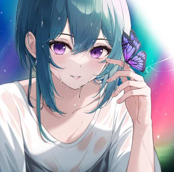 Anime picture 2795x2763 with original lebring single looking at viewer blush fringe highres short hair smile hair between eyes purple eyes upper body parted lips arm up aqua hair wet wet clothes butterfly on hand wet t-shirt girl
