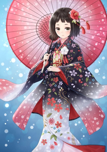 Anime picture 1000x1422 with original tadokoro teppei single tall image looking at viewer blush fringe short hair open mouth black hair standing holding brown eyes traditional clothes japanese clothes hair flower wind snowing blue background girl