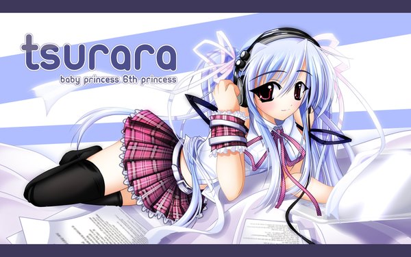 Anime picture 1920x1200 with yu-ri (noteism) single long hair looking at viewer highres red eyes wide image twintails blue hair lying inscription girl thighhighs skirt ribbon (ribbons) black thighhighs hair ribbon miniskirt headphones