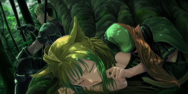 Anime picture 2250x1125 with fate (series) fate/grand order fate/apocrypha atalanta (fate) achilles (fate) mukade (siieregannsu) highres short hair wide image sitting animal ears looking away ahoge lying eyes closed pleated skirt green hair sleeping girl boy