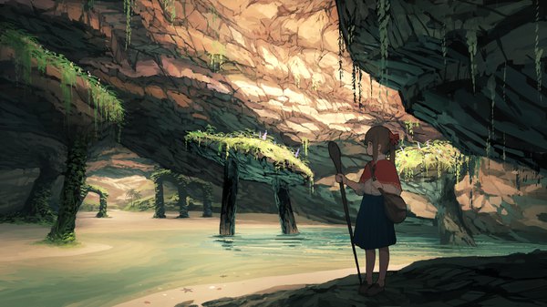 Anime picture 3200x1800 with original jean popo single highres smile brown hair wide image standing brown eyes payot full body outdoors ponytail profile fantasy scenic river nature rock girl