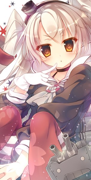 Anime picture 700x1374 with kantai collection amatsukaze destroyer rensouhou-kun mitsumomo mamu long hair tall image looking at viewer blush sitting brown eyes silver hair two side up girl thighhighs gloves hair ornament white gloves hair tubes sailor suit single glove