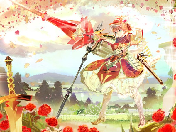 Anime picture 2000x1500 with original 119 single highres short hair blue eyes orange hair girl dress gloves flower (flowers) weapon plant (plants) petals sword tree (trees) boots armor rose (roses)