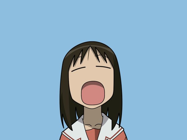 Anime picture 1600x1200 with azumanga daioh j.c. staff kasuga ayumu single fringe short hair open mouth brown hair upper body eyes closed blue background vector yawn girl sailor suit