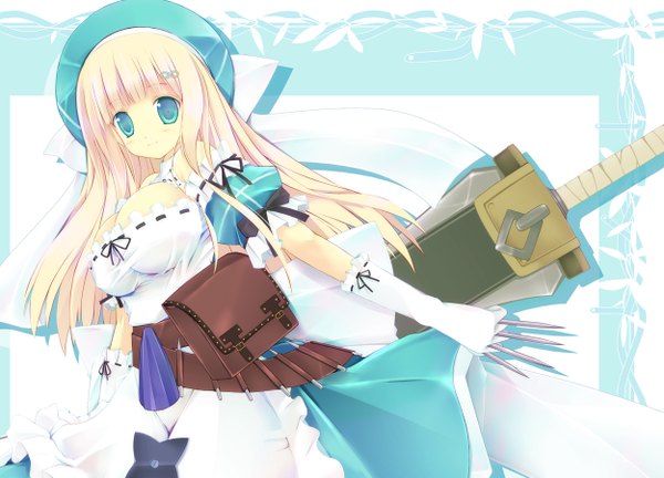 Anime picture 1250x900 with senran kagura yomi (senran kagura) kuon itsuki single long hair breasts blue eyes light erotic blonde hair smile large breasts girl dress gloves weapon hat sword elbow gloves bag