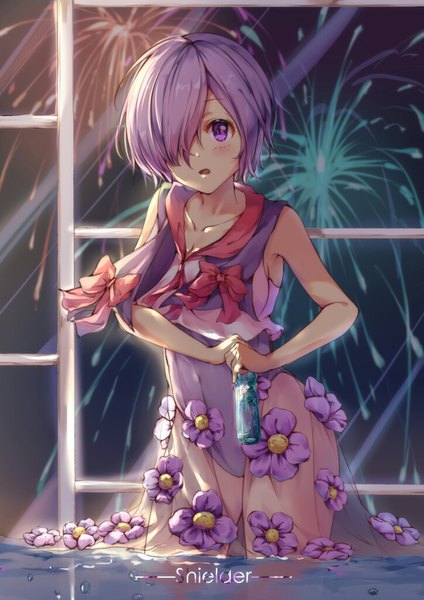 Anime picture 724x1024 with fate (series) fate/grand order mash kyrielight suyi-j single tall image looking at viewer blush fringe short hair breasts open mouth light erotic large breasts standing purple eyes holding pink hair hair over one eye character names