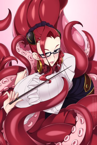 Anime picture 667x1000 with monster musume no oisha-san cthulhy squele alina pegova single long hair tall image looking at viewer blush fringe breasts light erotic smile holding red hair nail polish parted lips fingernails black eyes mole huge breasts