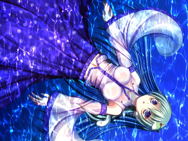 Anime picture 1730x1298 with touhou kochiya sanae hatomura (tareneko club) single long hair looking at viewer highres open mouth blue eyes bare shoulders green hair girl dress hair ornament detached sleeves water hair tubes snake