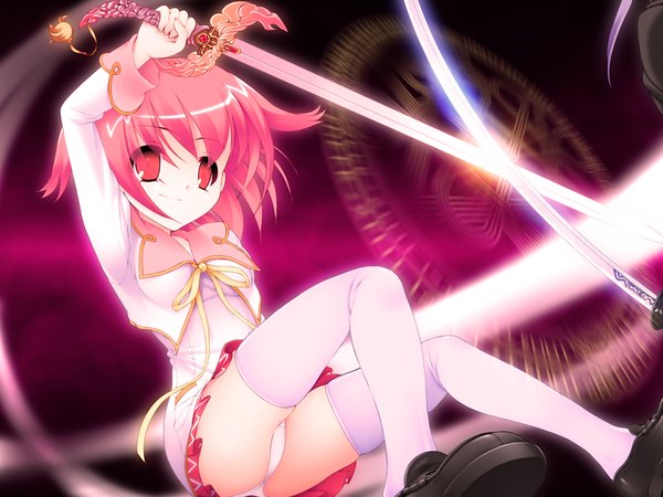 Anime picture 1200x900 with inumimi berserk (game) yuuro tsumugi short hair light erotic red eyes pink hair game cg pantyshot pantyshot sitting girl thighhighs weapon white thighhighs sword serafuku